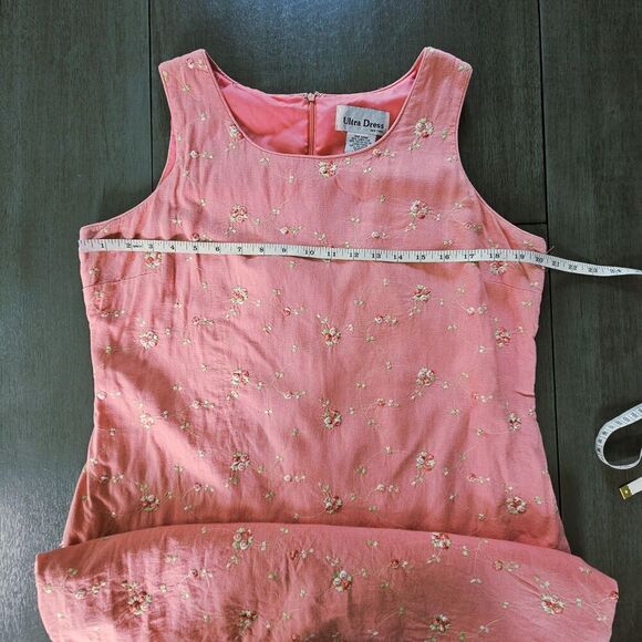 Vintage Floral Embroidered Pink Linen Blend Shift Dress Size 14 Romantic Lined - Picture 3 of 10